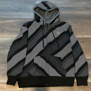OP Black and Gray Patterned Zip-Up Sherpa Lined Hoodie